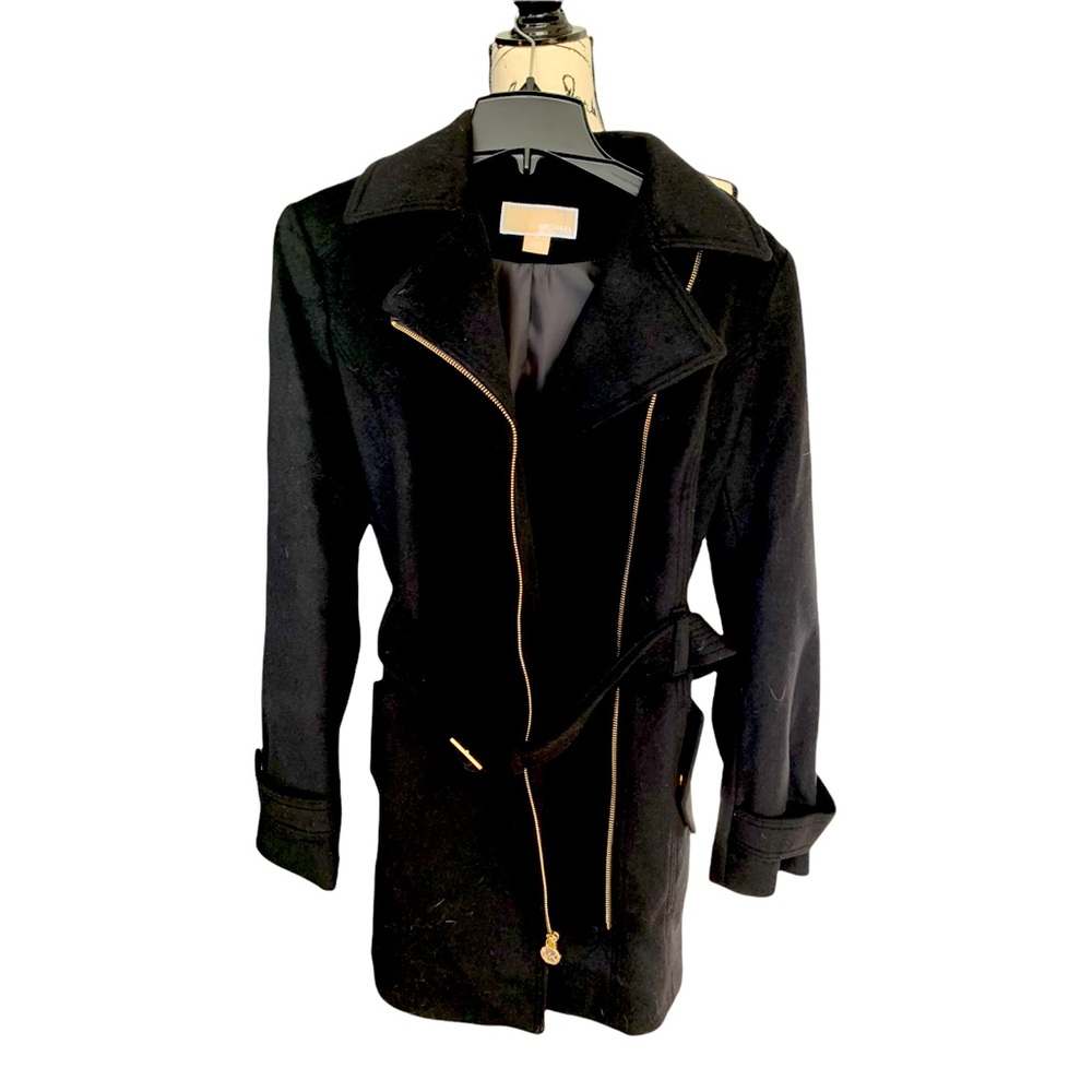 $275 Michael Kors Asymmetrical Black Coat with gold hardware and Logo zipper tag